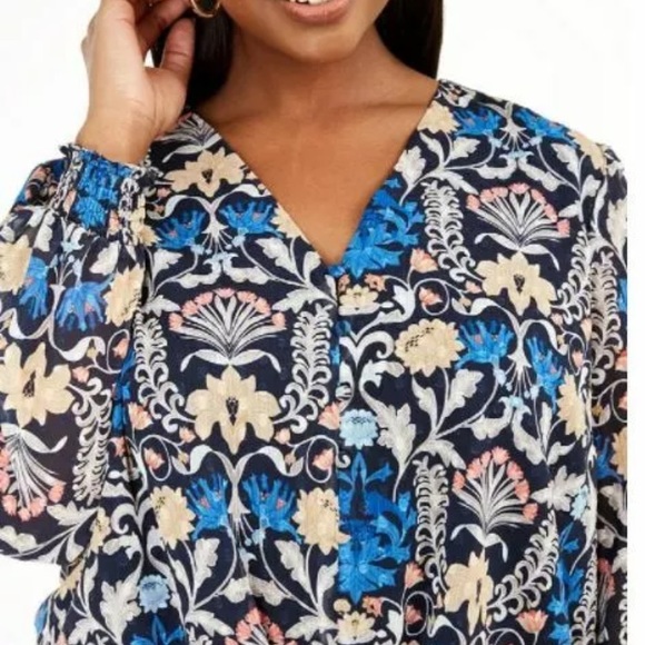 INC blouse Floral Print  Brit top smocked plus size buttons up front tie - Picture 2 of 15